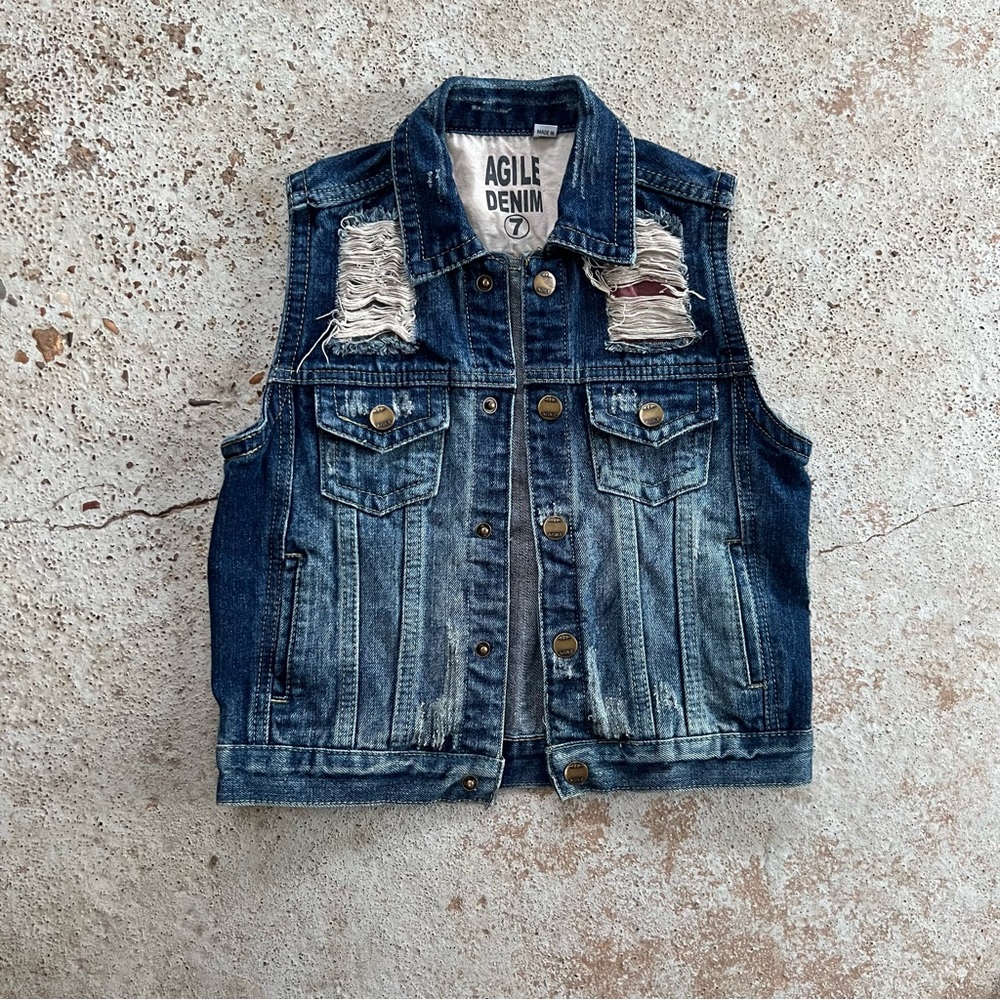 Kids Patriotic Denim Vest Size 7 American Flag Distressed Biker Western